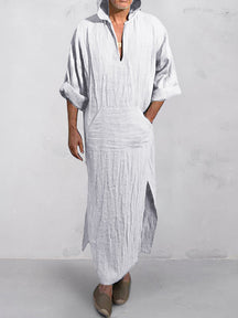 Cotton Linen Split Hem Hooded Robe