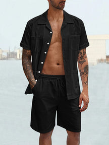 Short Sleeve Double Pocket Shirt Set Sets coofandystore Black S 