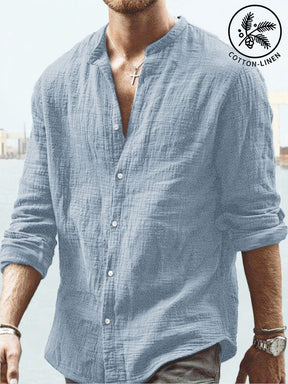 Cozy Solid Stand Collar Cotton Linen Button Shirt