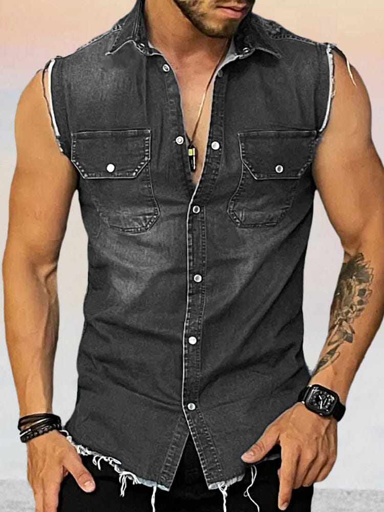 Casual Denim Tank Top with Pockets Tank Tops coofandystore Black S 