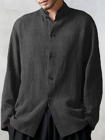 Cotton Linen Loose Fit Long Sleeve Shirt Shirts coofandystore Black M 