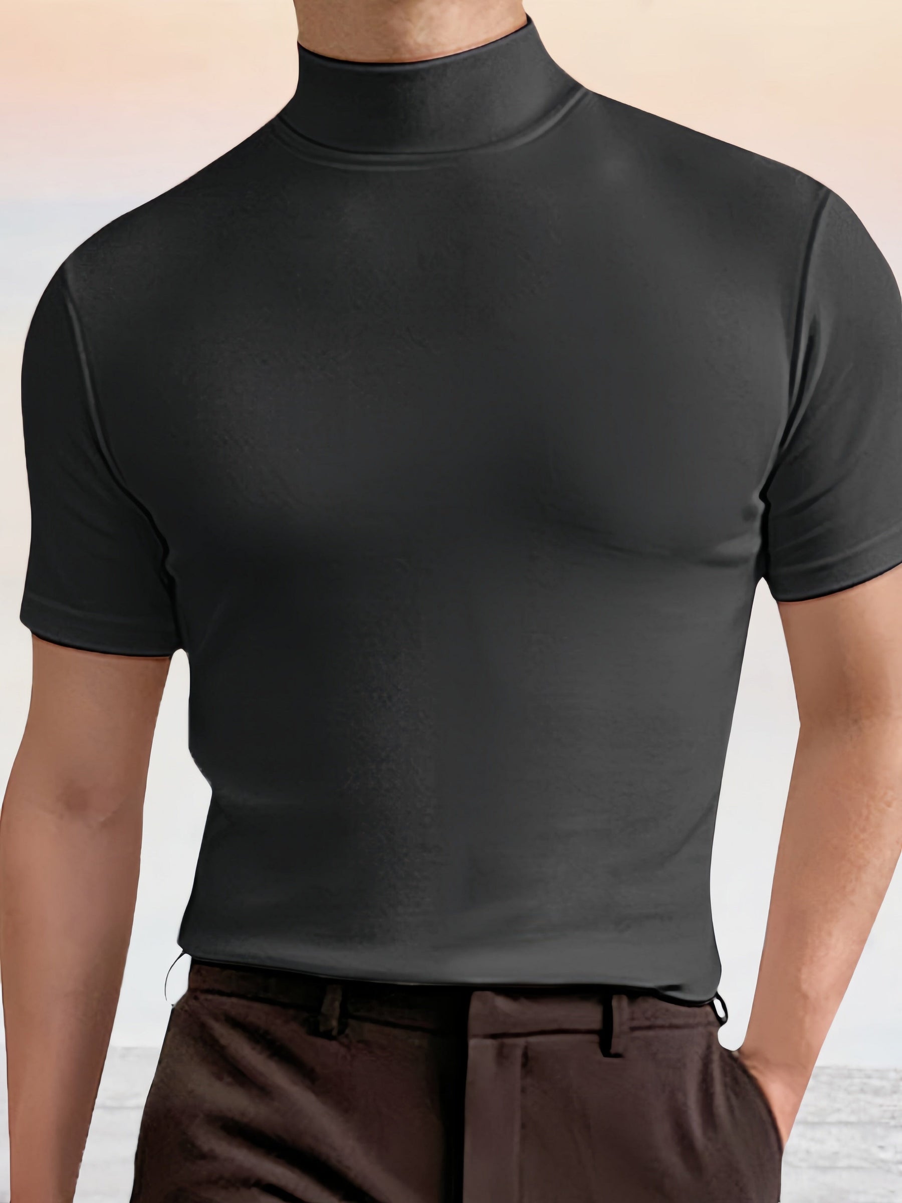 Slim Fit Short Sleeve Turtleneck Top Shirts coofandystore Black S 