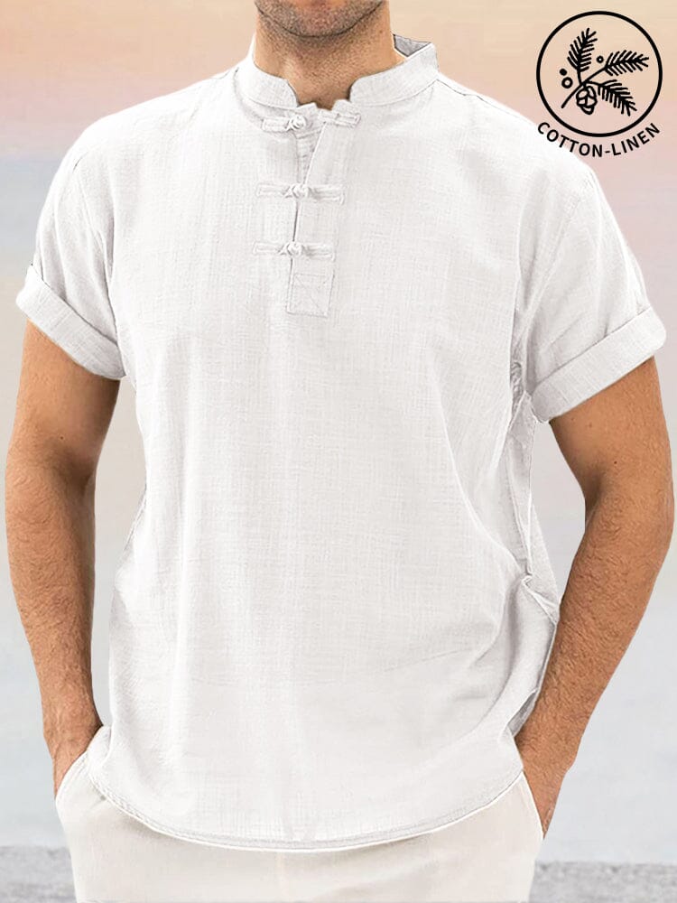 Casual Stand Collar Unique Button Cotton Linen Shirt Shirts coofandy White S 