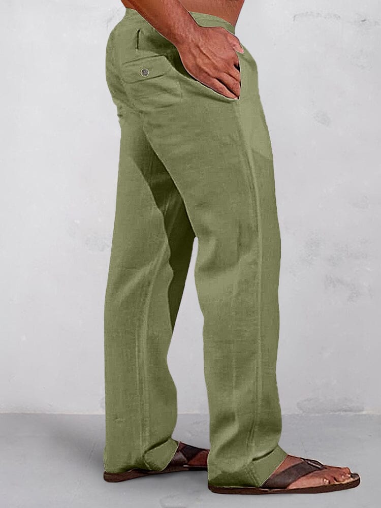Casual Solid Elastic Waist Cotton Linen Straight Pants Pants coofandy Army Green S 