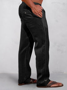 Casual Solid Elastic Waist Cotton Linen Straight Pants Pants coofandy Black S 