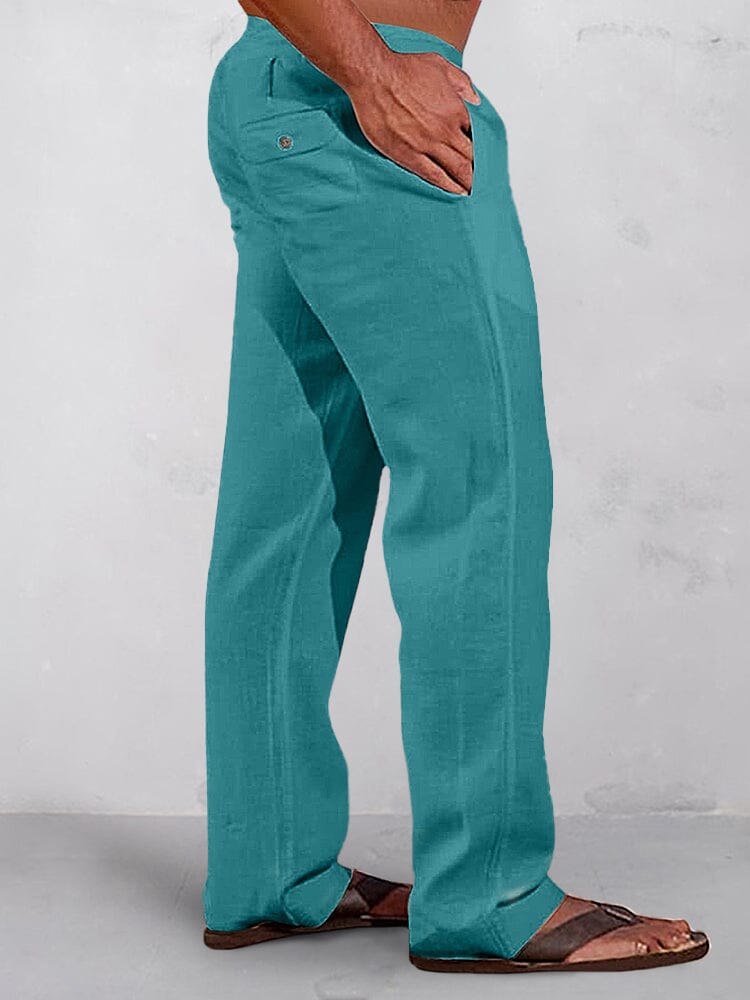 Casual Solid Elastic Waist Cotton Linen Straight Pants Pants coofandy Green S 