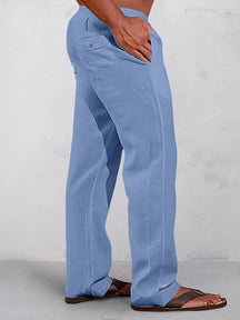Casual Solid Elastic Waist Cotton Linen Straight Pants Pants coofandy Clear Blue S 