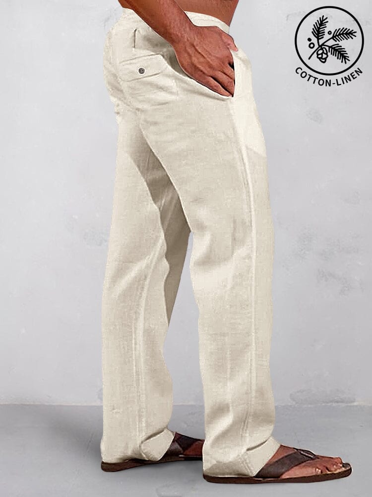 Casual Solid Elastic Waist Cotton Linen Straight Pants Pants coofandy Apricot S 