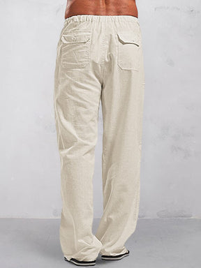 Casual Solid Elastic Waist Cotton Linen Straight Pants Pants coofandy 