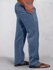 Casual Solid Elastic Waist Cotton Linen Straight Pants Pants coofandy Blue S 