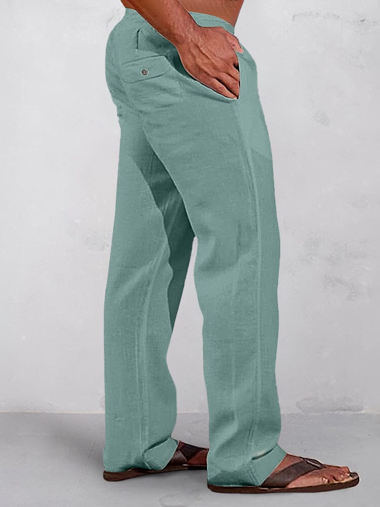 Casual Solid Elastic Waist Cotton Linen Straight Pants Pants coofandy Light Green S 