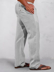 Casual Solid Elastic Waist Cotton Linen Straight Pants Pants coofandy Light Grey S 