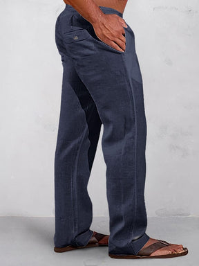 Casual Solid Elastic Waist Cotton Linen Straight Pants Pants coofandy Navy Blue S 