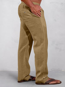 Casual Solid Elastic Waist Cotton Linen Straight Pants Pants coofandy Turmeric S 