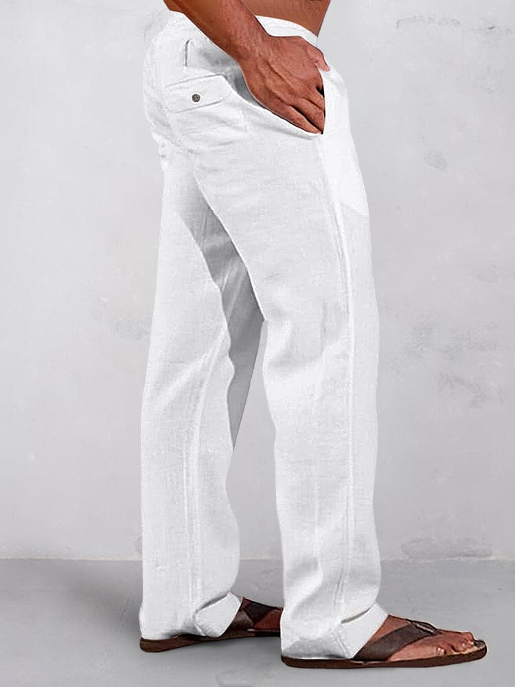 Casual Solid Elastic Waist Cotton Linen Straight Pants Pants coofandy White S 
