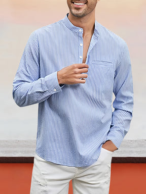 Casual Stand Collar Cotton Linen Stripe Henley Shirt