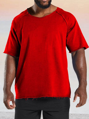 Casual Solid Raw Hem Cotton T-shirt T-shirt coofandy Red M 