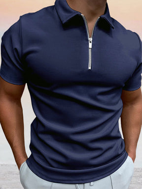Zipper Solid Short Sleeve Polo Shirt