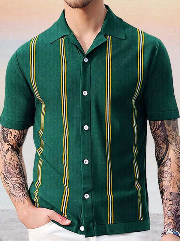Casual Stripe Knitted Short Sleeves Button Top Shirts coofandy Green M 