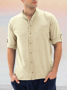 Classic Stand Collar Cotton Linen Shirt