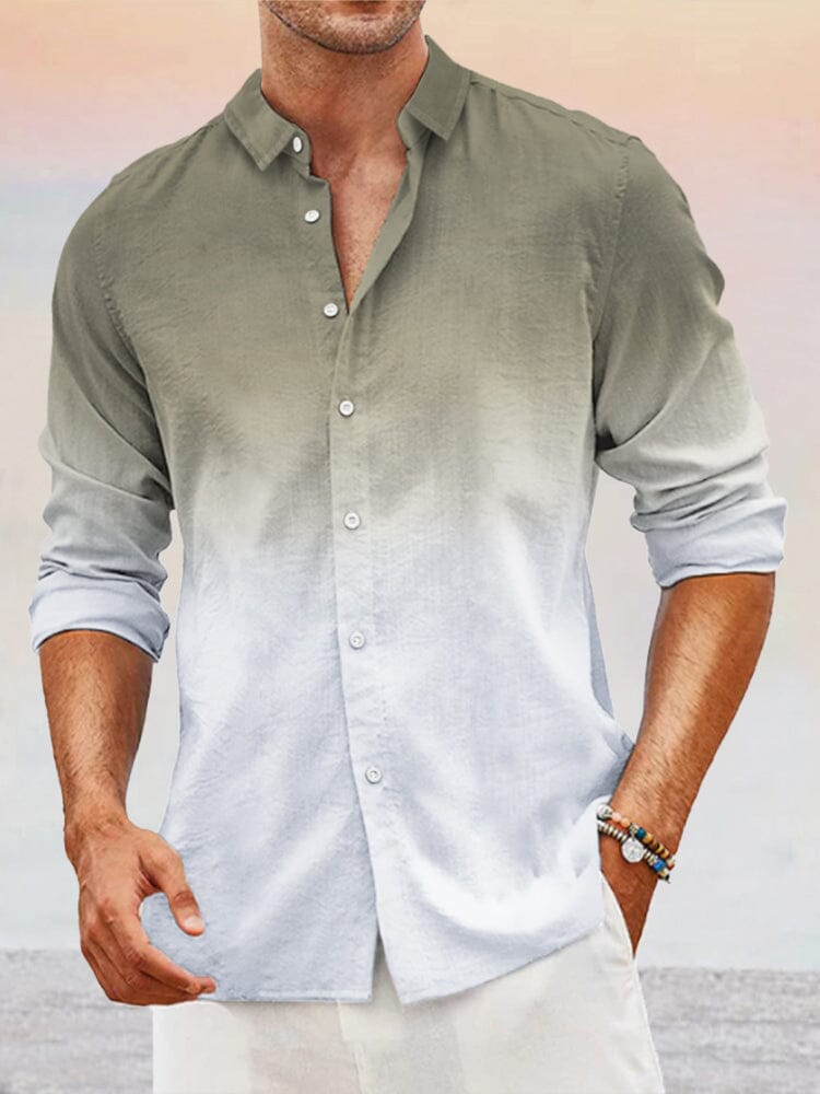 Casual Gradient Splicing Cotton Linen Shirt Shirts coofandy Khaki M 
