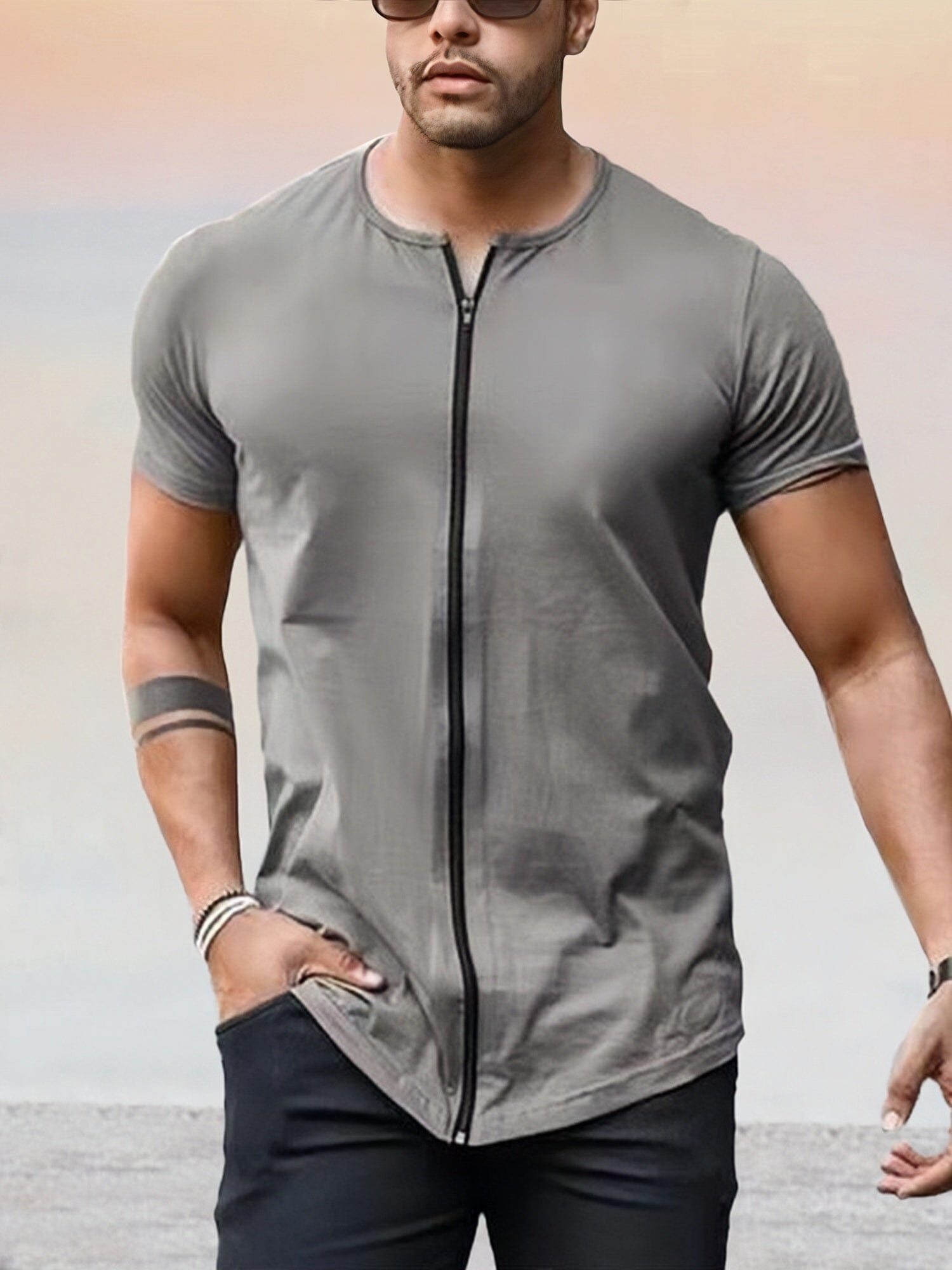 Casual Soft Zipper T-shirt T-shirt coofandy Grey M 