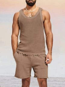 Casual Breathable Knit Tank Top Set Sports Set coofandy Brown S 