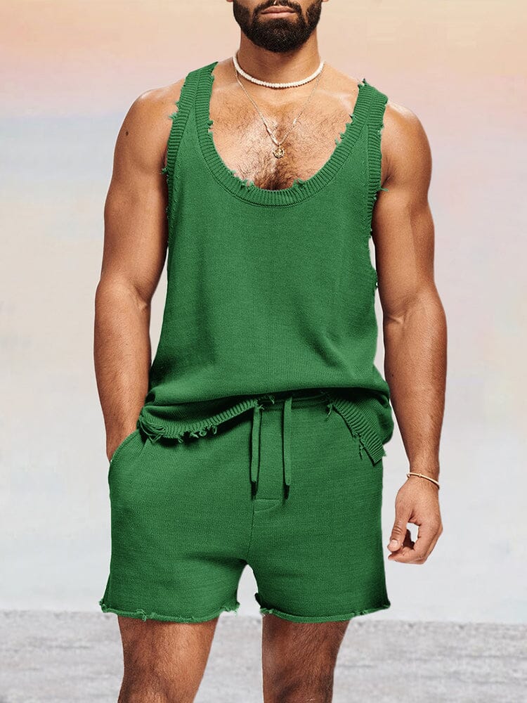 Casual Breathable Knit Tank Top Set Sports Set coofandy Dark Green S 