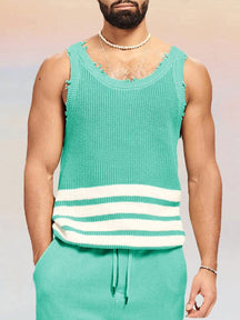 Casual Breathable Knit Tank Top Sports Set coofandy Green Stripe S 