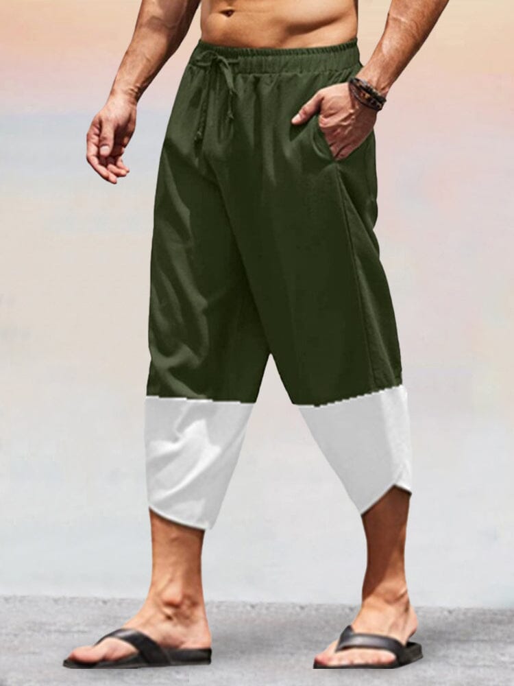 Casual Splicing Cotton Linen Capri Pants Shorts coofandy Army Green XS 