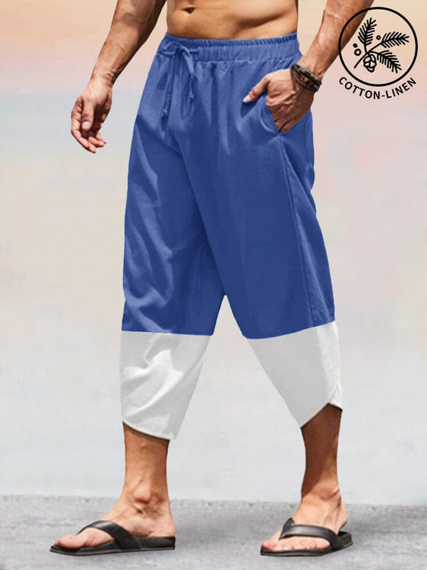 Casual Splicing Cotton Linen Capri Pants Shorts coofandy Blue XS 