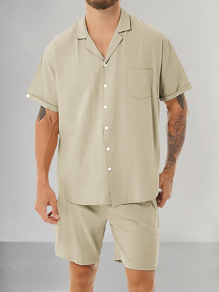 Casual Cotton Linen Shirt Set Sets coofandystore Khaki M 