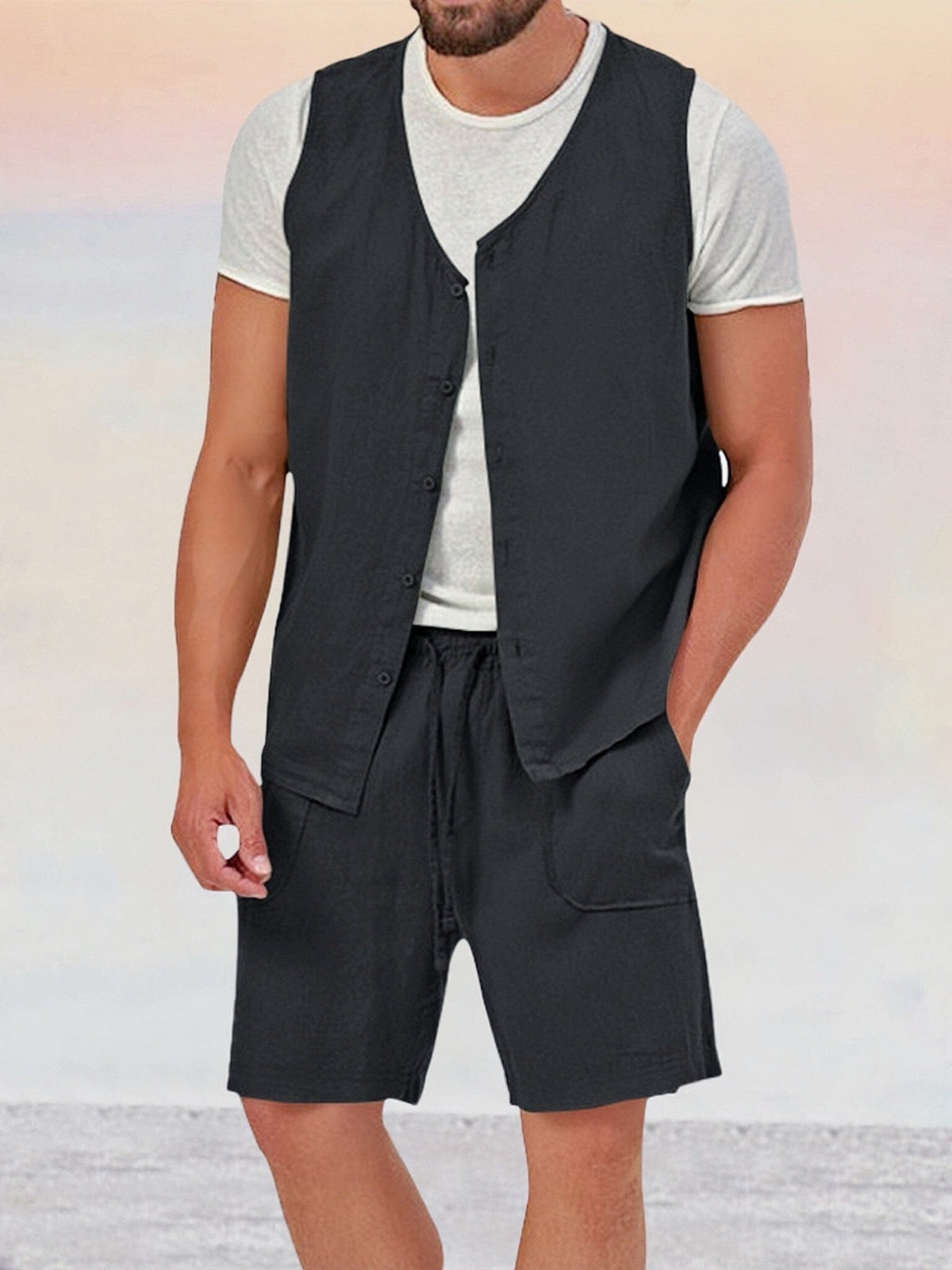 Casual Cotton Linen Vest Sets Sets coofandy Black M 