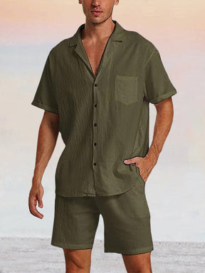 Breathable Cotton Linen Beach Shirt Set Sets coofandy Army Green M 