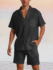 Breathable Cotton Linen Beach Shirt Set Sets coofandy Black M 