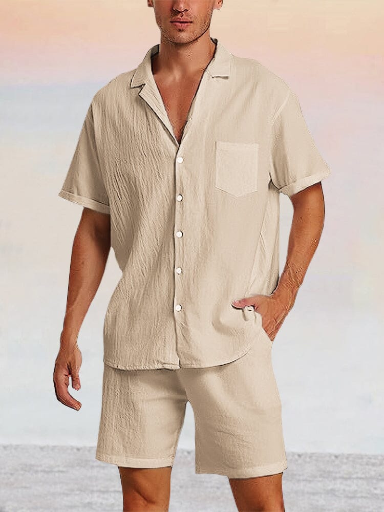 Breathable Cotton Linen Beach Shirt Set Sets coofandy Khaki M 