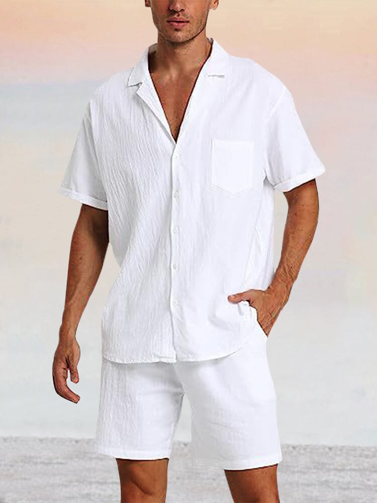 Breathable Cotton Linen Beach Shirt Set Sets coofandy White M 