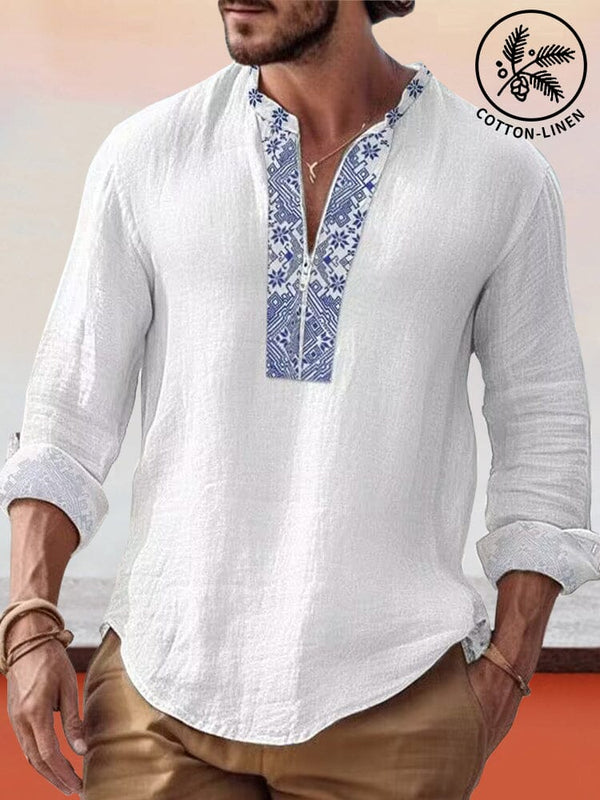 Cotton Linen Splicing Printed Shirt