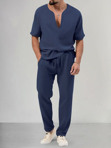 Cozy Cotton Linen Shirt Set Sets coofandystore Navy Blue S 