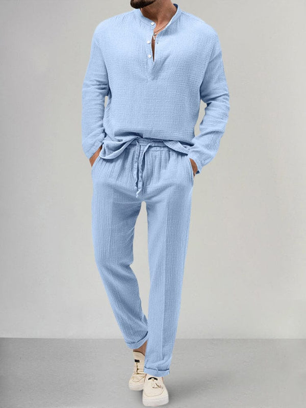 Casual Textured Shirt Set Sets coofandystore Blue S 