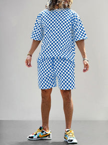 Stylish Checker Print T-shirt Sets Sets coofandy Blue M 