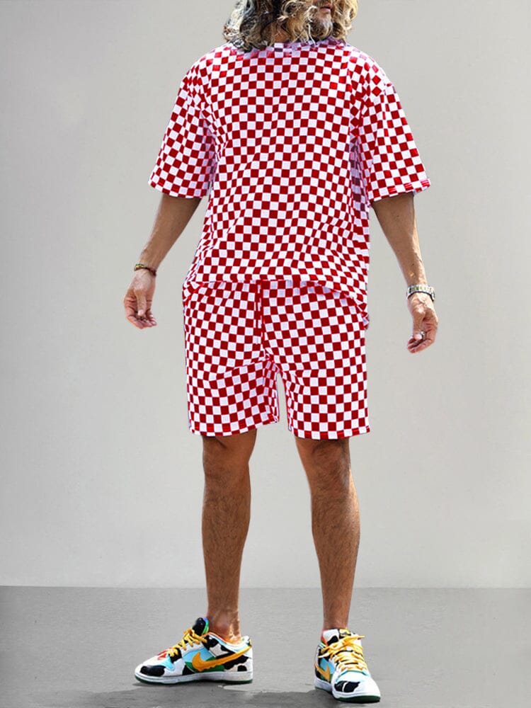 Stylish Checker Print T-shirt Sets Sets coofandy Red M 