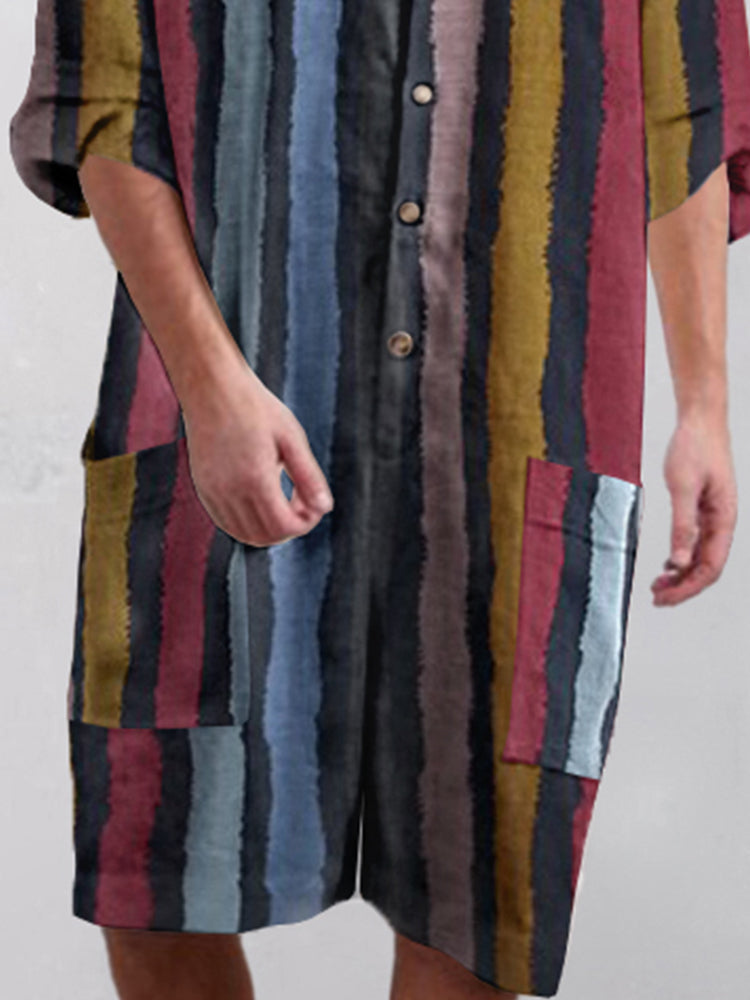 Stripe Cotton Linen Short Jumpsuit