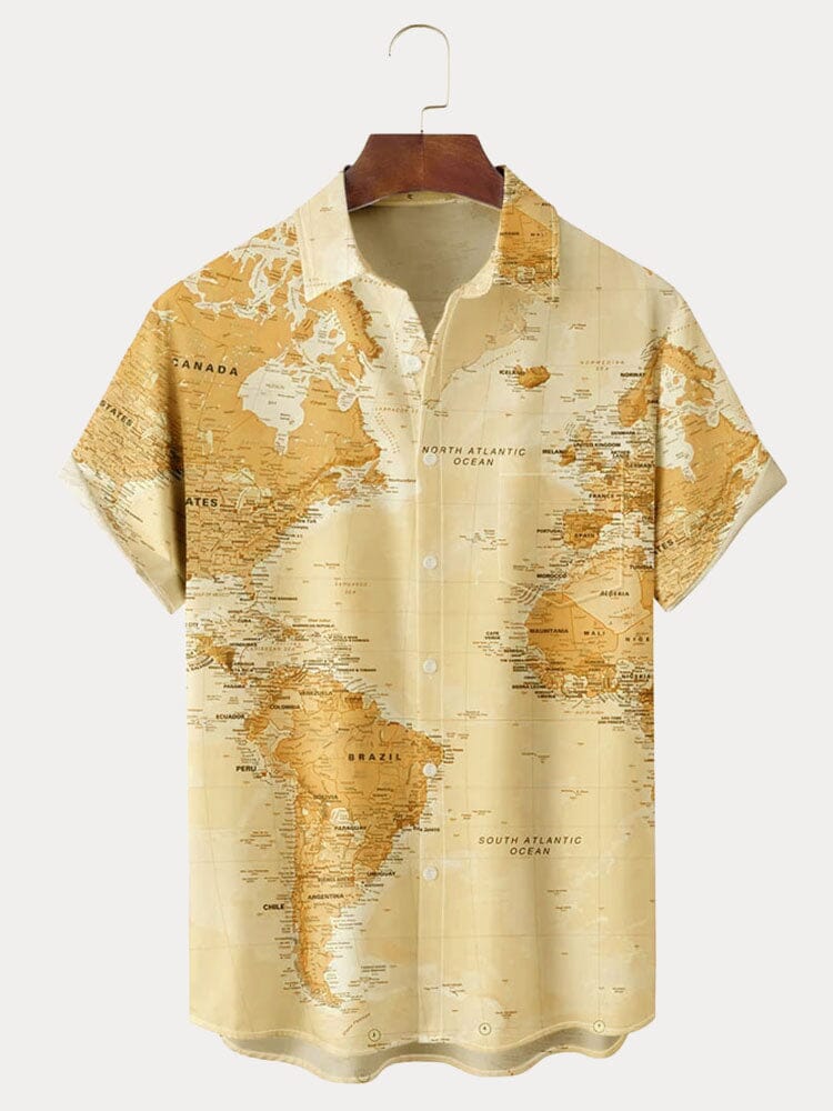 Hawaiian World Map Pattern Short Sleeve Shirt Shirts coofandystore Yellow S 
