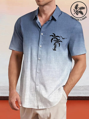 Gradient Coconut Tree Printed Cotton Linen Shirt Shirts coofandy Deep Blue S 
