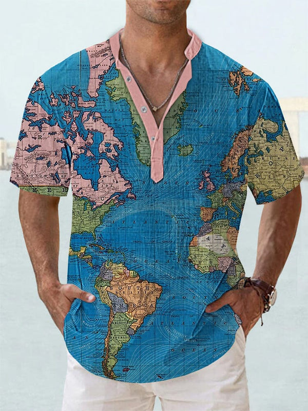 Unique Map Graphic Cotton Linen Shirt Shirts coofandy Blue S 
