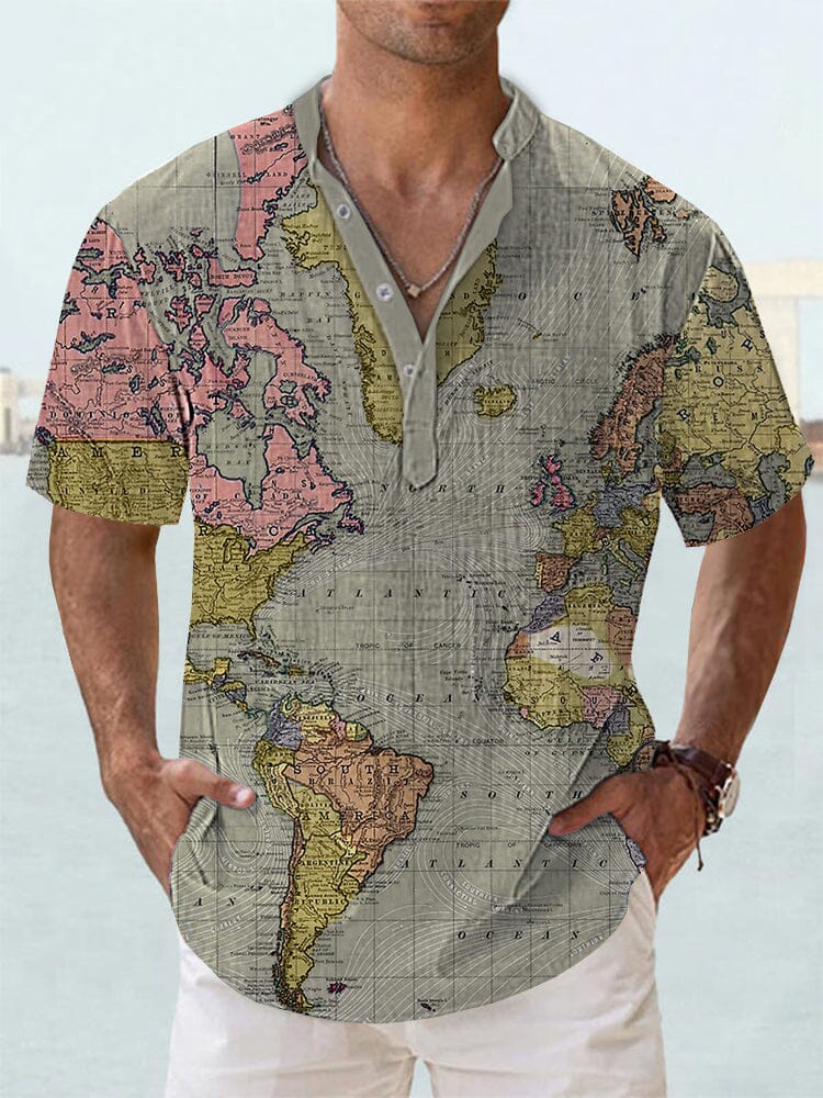 Unique Map Graphic Cotton Linen Shirt Shirts coofandy Khaki S 