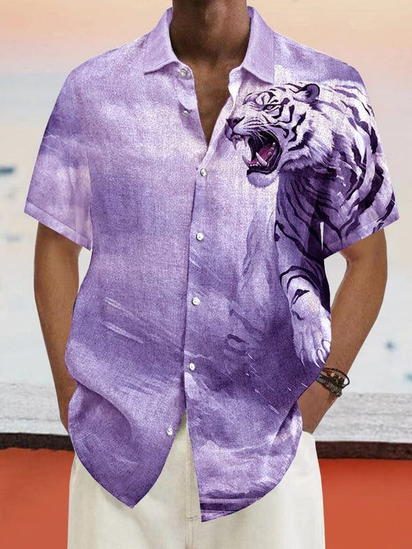 Casual Tiger Printed Cotton Linen Shirt