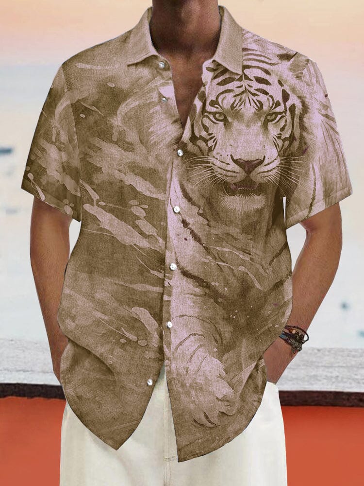 Casual Tiger Printed Cotton Linen Shirt Shirts coofandy Khaki S 