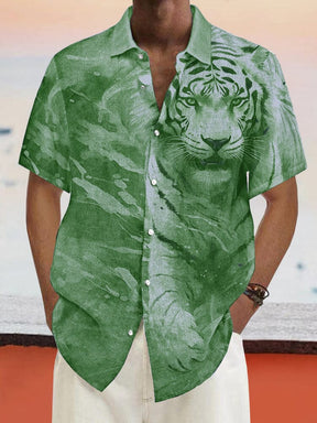 Casual Tiger Printed Cotton Linen Shirt Shirts coofandy Light Green S 